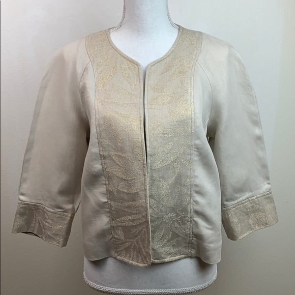 Coldwater Creek linen crop blazer jacket, gold jacquard trim summer / fall EUC - Picture 1 of 8